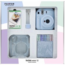 Fujifilm Instax Mini 12 Mavi Fotoğraf Makinesi 10'lu Film Simli Pleksi Kılıf Mandal ve Kıskaçlı Resim Standı Bundle Box