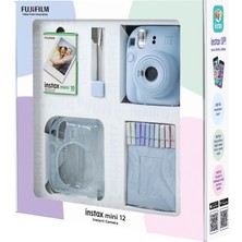 Fujifilm Instax Mini 12 Mavi Fotoğraf Makinesi 10'lu Film Simli Pleksi Kılıf Mandal ve Kıskaçlı Resim Standı Bundle Box