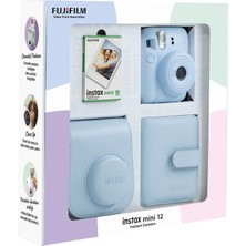 Fujifilm Instax Mini 12 Mavi Fotoğraf Makinesi 10'lu Film Kare Albüm ve Deri Kılıf Bundle Box