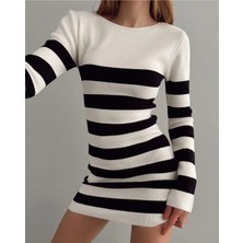 My Model Ekru Siyah Loria Çizgili Triko Mini Elbise