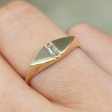 Fasek Gold Baget Altın Yüzük - 14 Ayar Altın Mekik Tasarım Zirkon Baget Taşlı Tektaş Yüzük