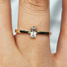 Fasek Gold Baget Altın Yüzük - 14 Ayar Altın Fantazi Zirkon Taşlı Tek Taş Yüzük - Tektaş Altın Yüzük