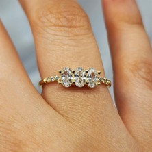 Fasek Gold Tria Altın Yüzük - 14 Ayar Altın 0.60 Karat Zirkon Oval Taşlı Fantezi Evlilik Teklifi Yüzüğü