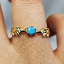 Fasek Gold Tria Altın Yüzük - 14 Ayar Altın Başak Turkuaz Doğal Taşlı Tek Taş Yüzük - Anneler Gününe Hediye