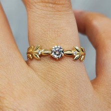 Fasek Gold Tria Altın Yüzük - 14 Ayar Altın Başak Zirkon Taşlı Tek Taş Yüzük - Anneler Gününe Hediye Yüzük
