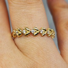 Fasek Gold Yarım Tur Altın Yüzük - 14 Ayar Altın Sıralı Zirkon Taşlı Minimal Yüzük - Yaprak Altın Yüzük