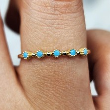 Fasek Gold Minimal Altın Yüzük - 14 Ayar Altın Turkuaz Doğal Beş Taşlı Minimal Yüzük - Hediyelik Altın Yüzük