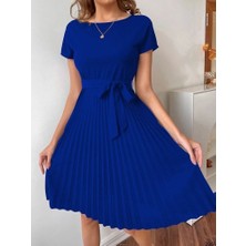 Twomeey Eteği Pileli Beli Kuşaklı  Krep Kumaş Elbise (Renkli)