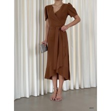 Twomeey Krep Kumaş Midi Boy Kuşaklı Elbise (Renkli)