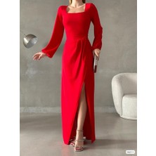 Twomeey Kadın U Yaka Belden Yırtmaçlı Ithal Krep Kumaş Elbise (Renkli)