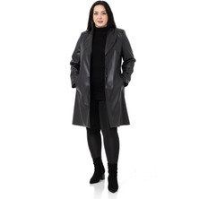 Disentis Modest Büyük Beden Cepli Düğme Kapamalı Astarlı Deri Siyah Kaban