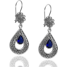 Midyat Nurtaş Gümüş Safir Taşlı Damla Tasarım Telkari Kadın Gümüş Küpe 201020909