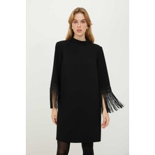 ROMAN Kolları Püskül Aksesuarlı Diz Boy Crep Elbise Siyah K2411004_001