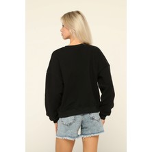 Owut Collection Siyah Bisiklet Yaka Baskılı Sweatshirt