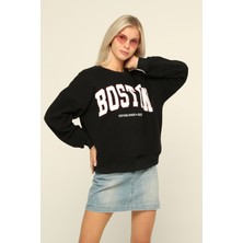 Owut Collection Siyah Bisiklet Yaka Baskılı Sweatshirt