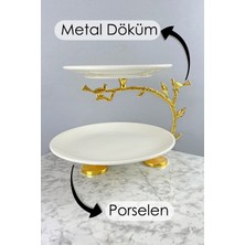 May Home Porselen Lüks Sunum Tabağı Gold 2 Katlı & Kurabiyelik Meyve Yemek Servisliği