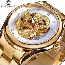 Hanyang GMT1110-1 Forsining  Altın Mekanik Izle Erkek Otomatik 3D Oyma Ejderha Çelik Bant Bilek Saatleri Lüks Üst Marka Kendinden Rüzgar (Yurt Dışından)