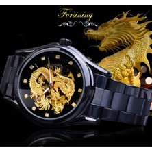 Hanyang GMT1110-1 Forsining  Altın Mekanik Izle Erkek Otomatik 3D Oyma Ejderha Çelik Bant Bilek Saatleri Lüks Üst Marka Kendinden Rüzgar (Yurt Dışından)
