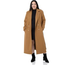 Disentis Modest Büyük Beden Yırtmaçlı Uzun Astarlı Tarçın Kaşe Kaban
