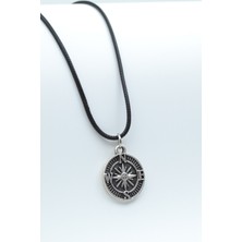 Minimal Pusula  Gümüş Kaplama Unisex Deri İp Kolye kod 442