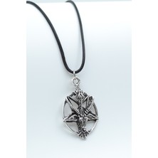 Pentagram Yıldızı Keçi Kafası  Gümüş Kaplama Unisex Deri İp Kolye kod 509