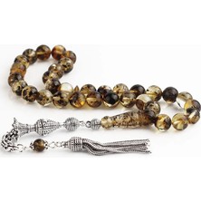 Takı925 Gümüş Püsküllü Fosilli Sertifikalı Doğal Damla Kehribar Tesbih