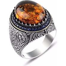 Takı925 Damla Kehribar Taşlı El Işi Kalem Motifli Gümüş Yüzük