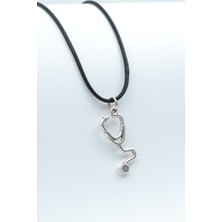 Doktor Steteskop  Gümüş Kaplama Unisex Deri İp Kolye kod 476