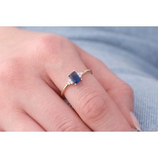 Onseva Kuyumculuk Emerald Cut Mavi Taşlı Zarif Yüzük 14 Ayar Altın