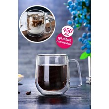 Tilbe Home Çift Cidarlı Kupa Bardak 450 ml Ev Ofis Espresso Kahve Çay Fincanı Borosilikat Kulplu Cam Bardak