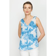 Ekol Kadın V Yaka Desenli Bluz 5106 Mavi