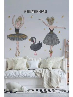 Kt Grup Gri Balerinler ve Kuğu Isimli Çocuk ve Bebek Odası Kişiselleştirilebilir Sticker Seti