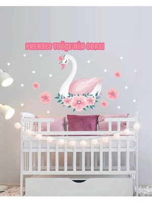 Kt Grup Kuğu Çiçekler ve Puantiyeler Isimli Çocuk ve Bebek Odası Kişiselleştirilebilir Sticker Seti