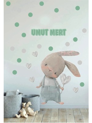 Kt Grup Sevimli Tulumlu Tavşanlar Isimli Çocuk ve Bebek Odası Kişiselleştirilebilir Sticker Seti