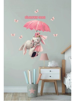 Şemsiyeli Tavşan Isimli Çocuk ve Bebek Odası Kişiselleştirilebilir Sticker Seti