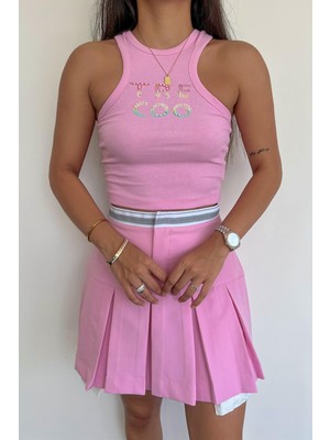 Inci Aksesuarlı Halter Yaka Crop Bluz Pembe