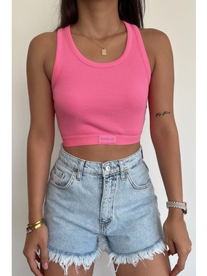 Misigo Fıtıllı Halter Yaka Crop Bluz Pembe