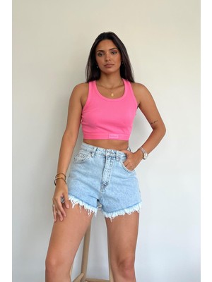 Misigo Fıtıllı Halter Yaka Crop Bluz Pembe