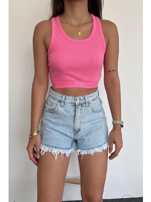 Misigo Fıtıllı Halter Yaka Crop Bluz Pembe