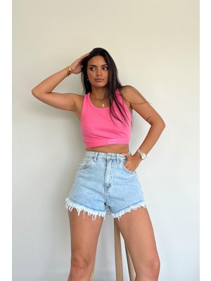 Misigo Fıtıllı Halter Yaka Crop Bluz Pembe