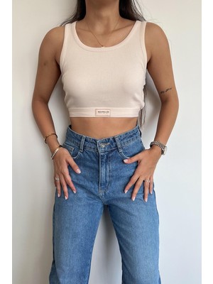 Fıtıllı Halter Yaka Crop Bluz Bej