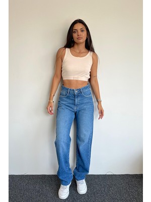 Fıtıllı Halter Yaka Crop Bluz Bej