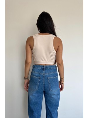 Fıtıllı Halter Yaka Crop Bluz Bej