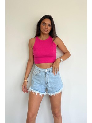 Halter Yaka Crop Bluz Fuşya