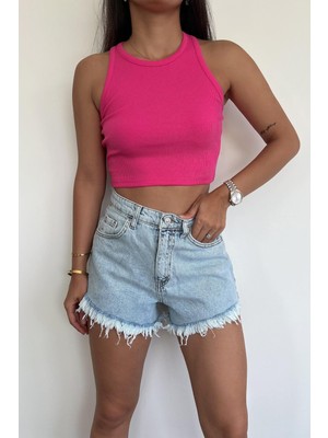 Halter Yaka Crop Bluz Fuşya