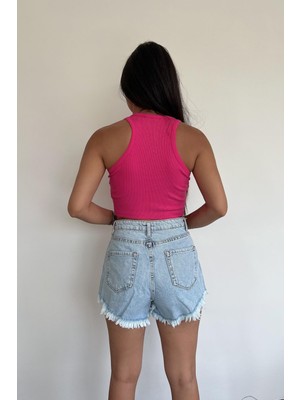 Halter Yaka Crop Bluz Fuşya