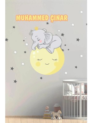 Kt Grup Sevimli Sarı Fil ve Yıldızlar Isimli Çocuk ve Bebek Odası Kişiselleştirilebilir Sticker Seti