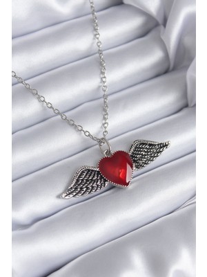 Stil Love Gümüş Renk Kanatlı Kırmızı Kristal Kalp Model Kadın Kolye