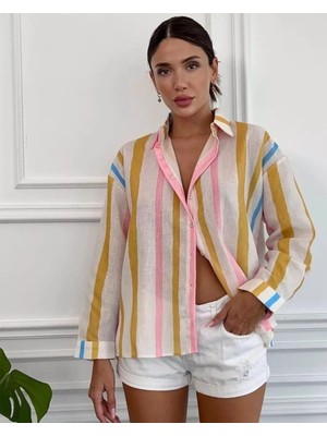Çizgili Renkli Keten Gömlek