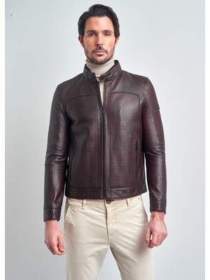 Pierre Cardin Erkek Bordo Motorcu Slim Fit Deri Ceket